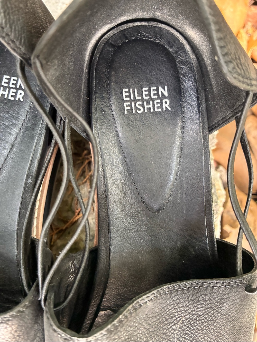 Eileen Fisher Black Leather Open-Toe Slingback Sandals - Picture 6 of 6
